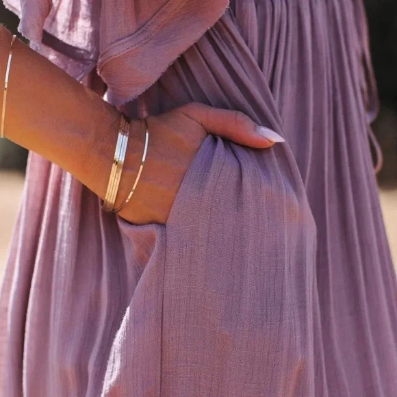 Butterfly Orchid Boho Gauze Button Front Flutter Maxi Dress W/Adjustable Tie - Picture 6 of 12